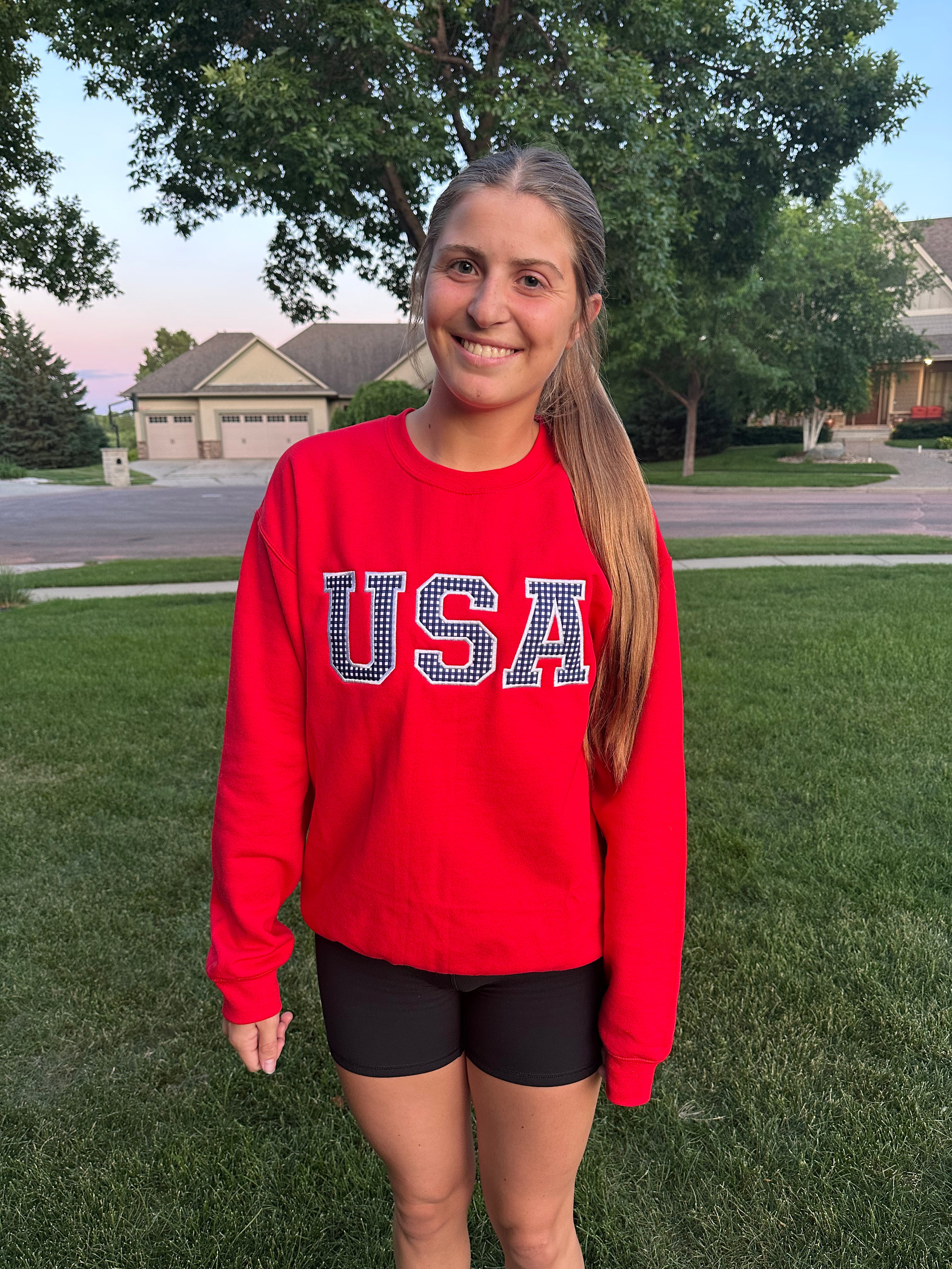 USA Embroidered Applique Red Crewneck