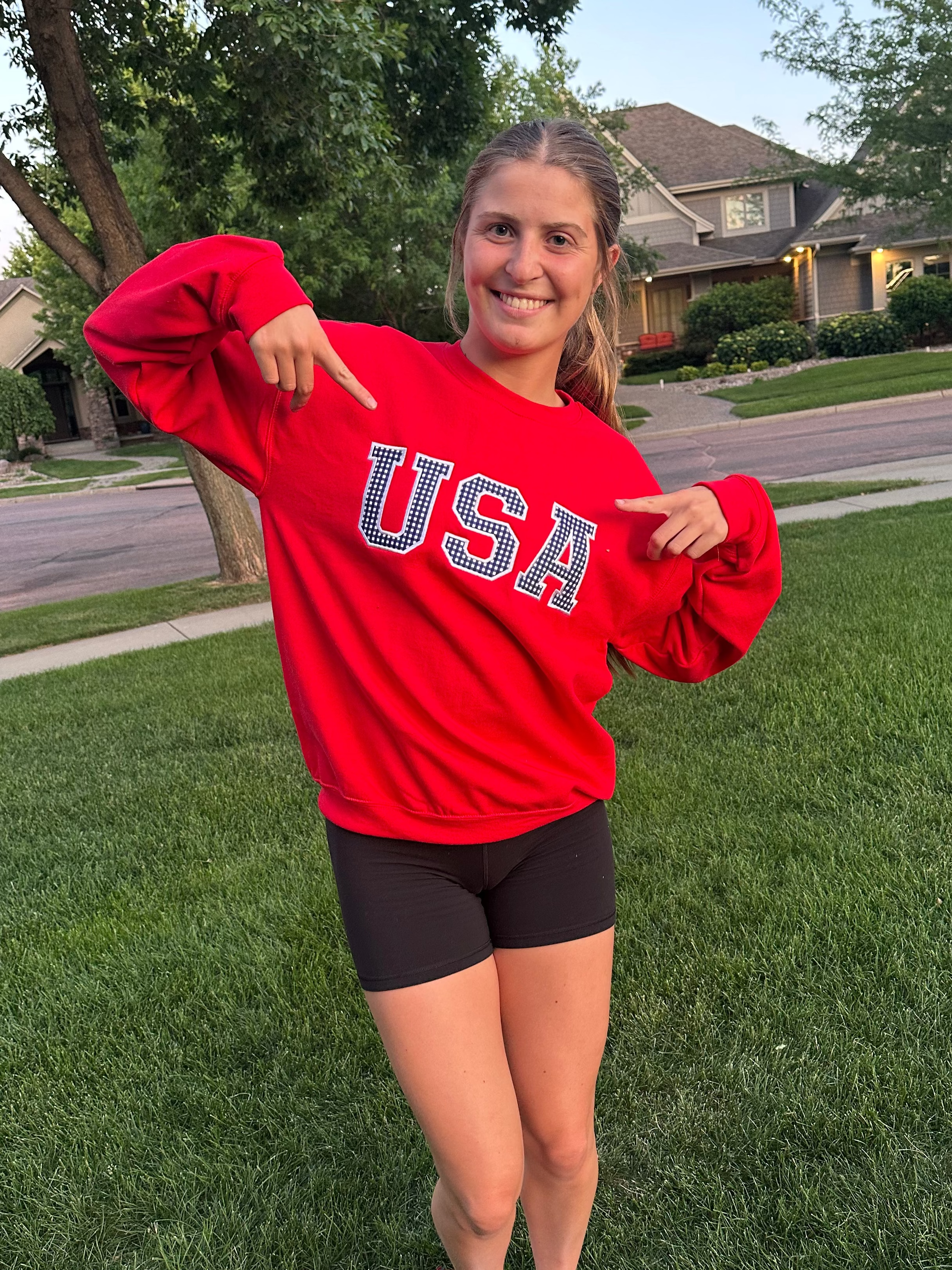 USA Embroidered Applique Red Crewneck