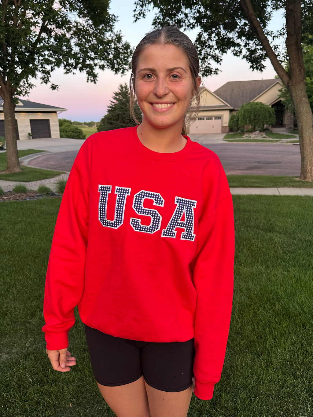 USA Embroidered Applique Red Crewneck