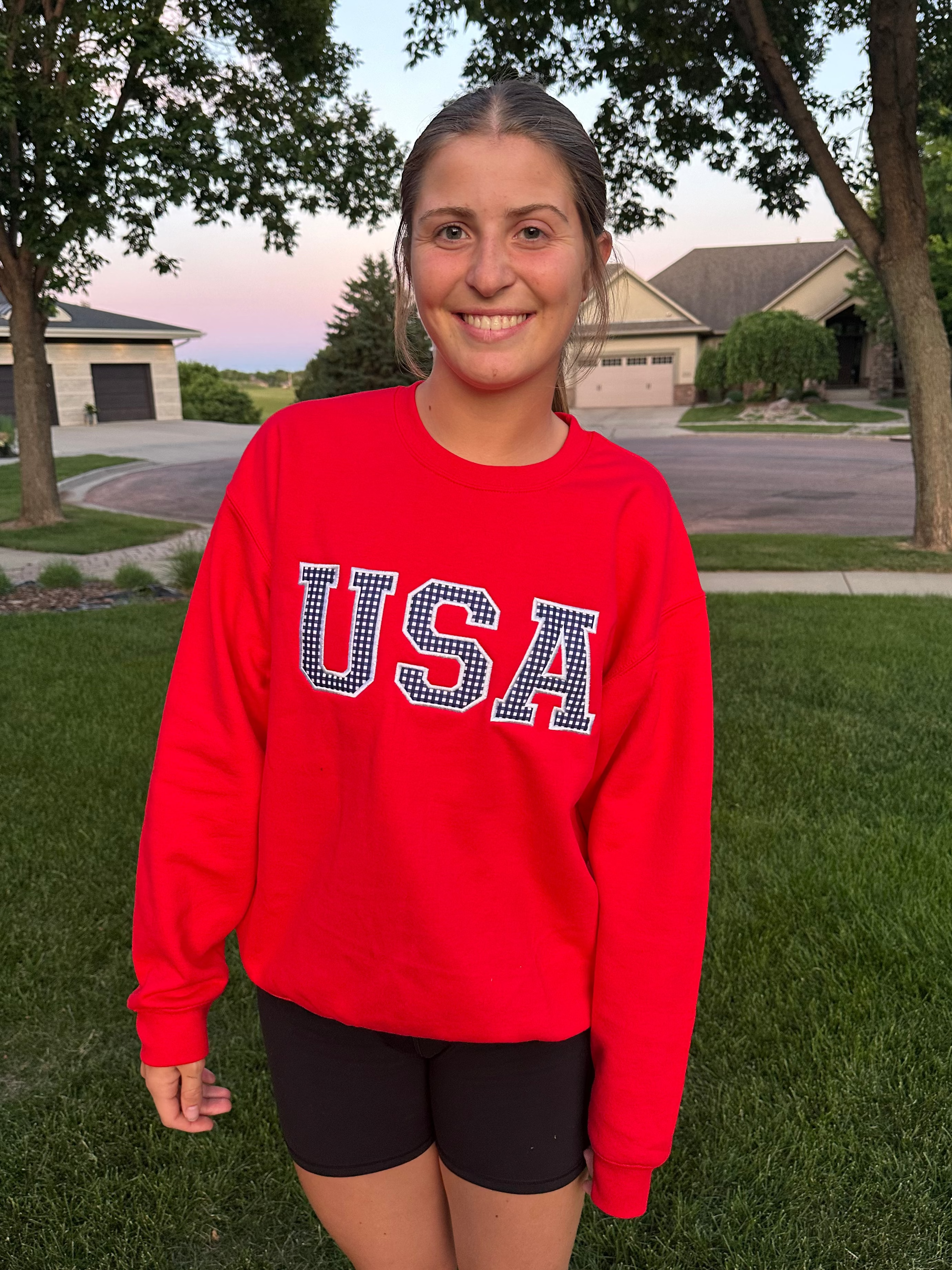 USA Embroidered Applique Red Crewneck