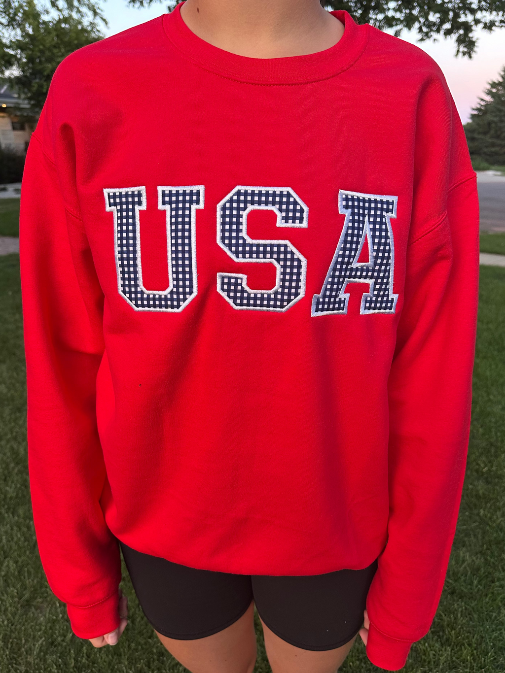 USA Embroidered Applique Red Crewneck