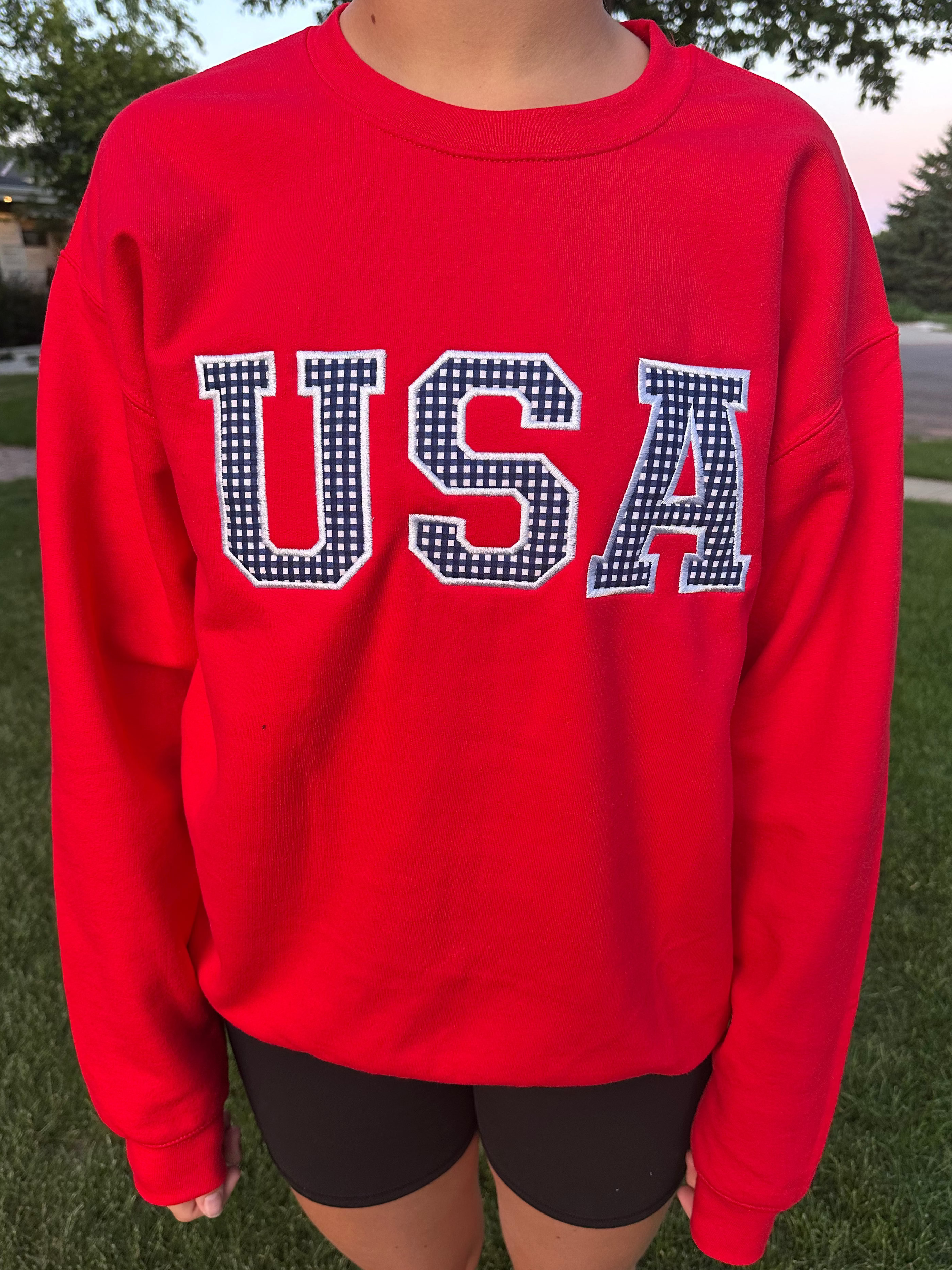 USA Embroidered Applique Red Crewneck