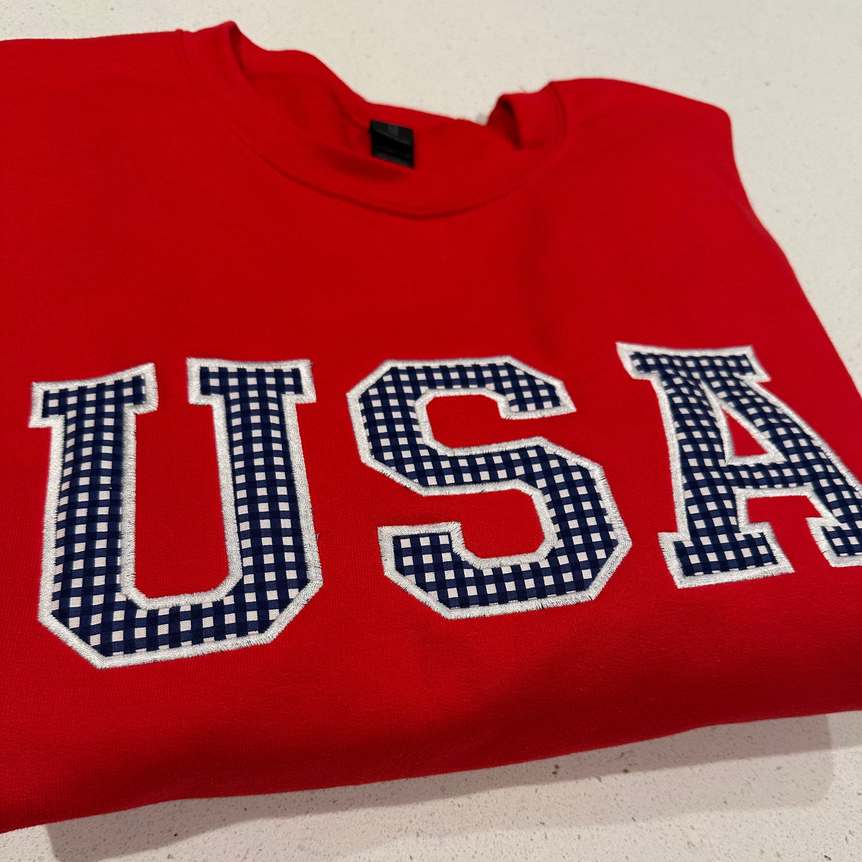 USA Embroidered Applique Red Crewneck