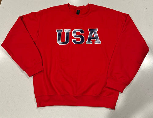 USA Embroidered Applique Red Crewneck